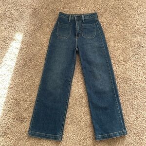Dark blue wide legged denim pants.